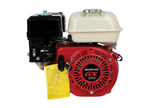 Honda GX 1300 small gasoline engine with a red engine cover, black flywheel housing, cream-colored fuel tank, and a yellow instruction tag, shown on a white background.